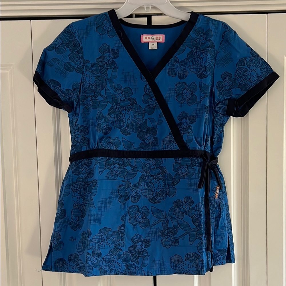 Blue Floral Scrub Wrap Top